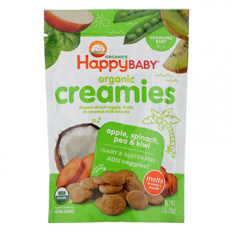 Happy Family Organics, Organic Creamies, снеки из сублимированных овощей, фруктов и кокосового молока, яблоко, шпинат, горох и киви, 28 г (1 унция)