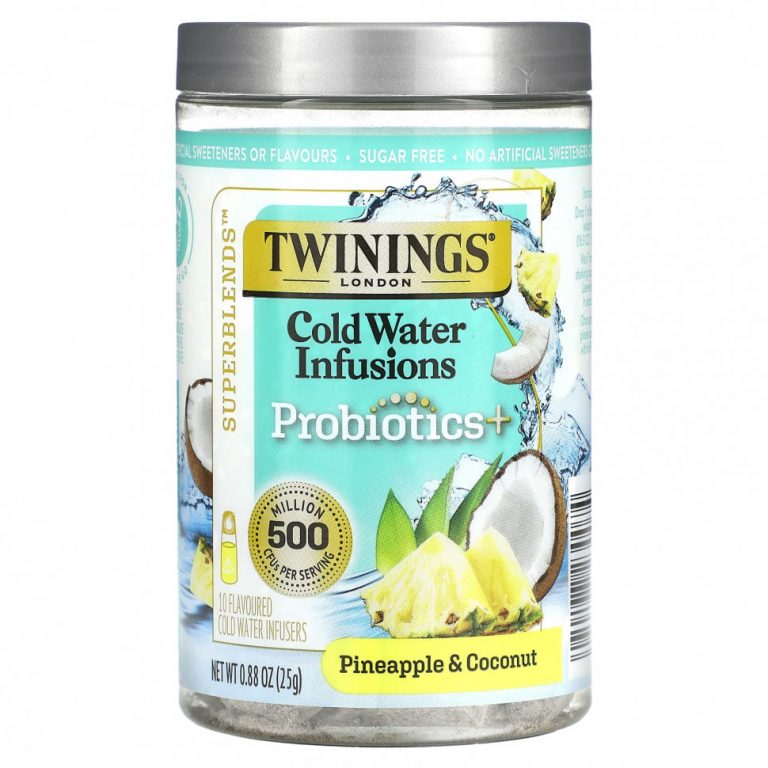 Twinings, Superblends, настои из холодной воды, пробиотики, ананас и кокос, без кофеина, 10 шт. Для заваривания в холодной воде, 25 г (0,88 унции)