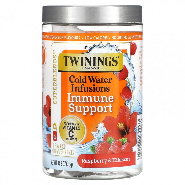 Twinings, Superblends, настои из холодной воды, поддержка иммунитета, малина и гибискус, без кофеина, 10 настоев со вкусом холодной воды, 25 г (0,88 унции)