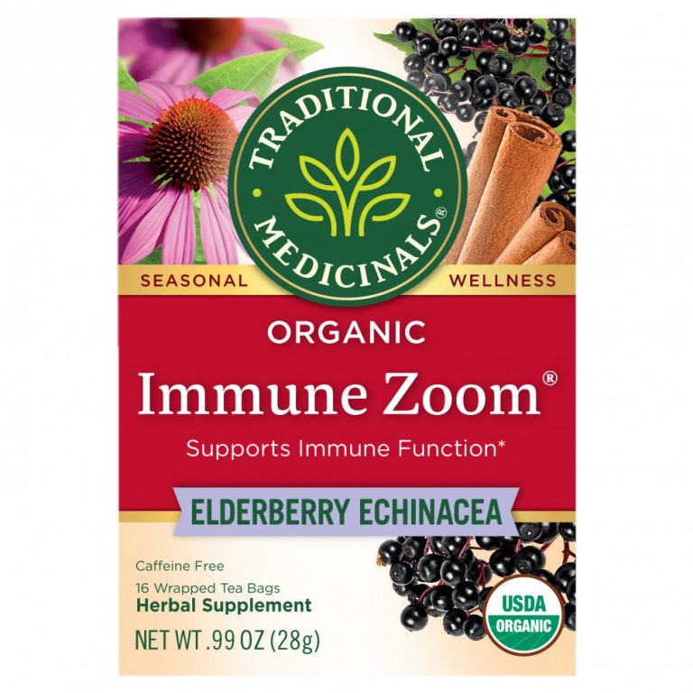 Traditional Medicinals, Organic Immune Zoom, Elderberry Echinacea, Caffeine Free, 16 Wrapped Tea Bags, 0.06 oz (1.75 g) Each