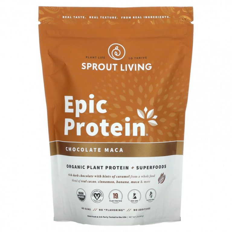 Sprout Living, Epic Protein, органический растительный протеин и суперпродукты, шоколад и мака, 455 г (1 фунт)