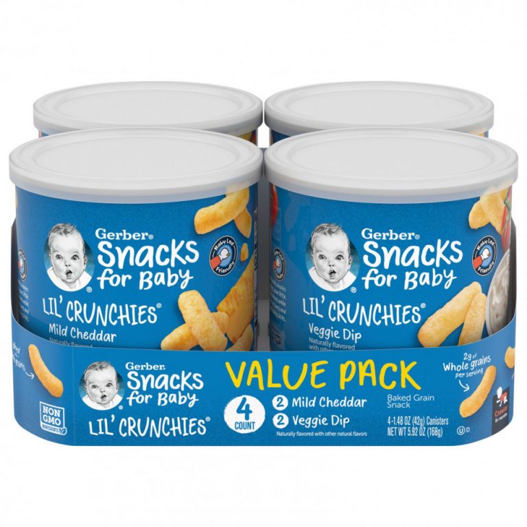 Gerber, Snacks for Baby, маленькие хрустящие хлопья, снеки из запеченных злаков, от 8 месяцев, мягкий чеддер и вегетарианский соус, 4 канистры по 42 г (1,48 унции)