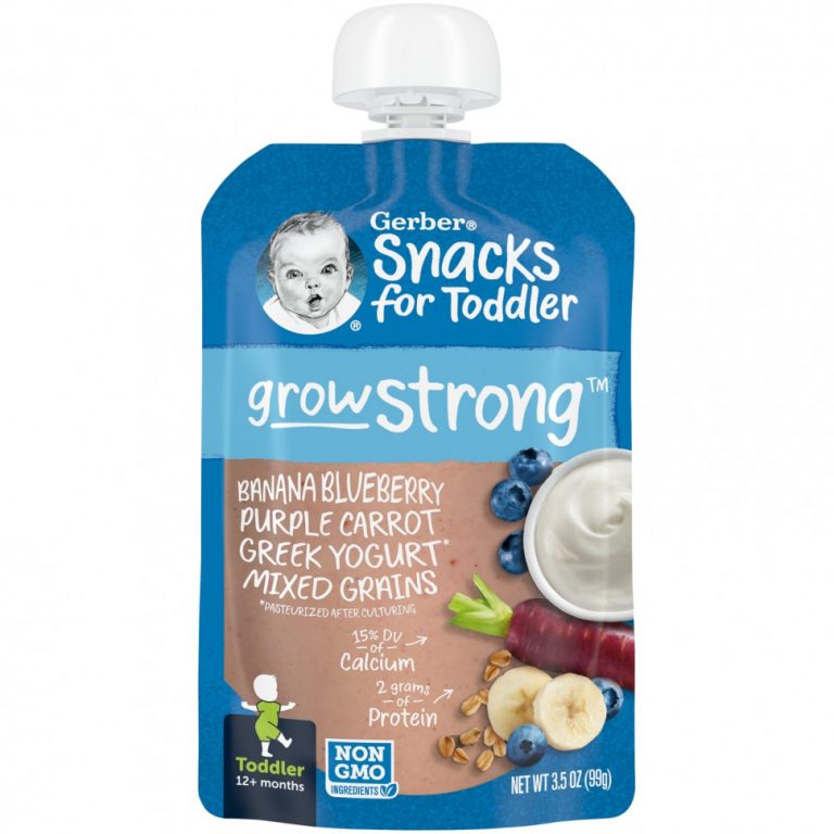 Gerber, Snacks for Toddler, Grow Strong, от 12 месяцев, банан, голубика, фиолетовый, морковь, греческий йогурт, смесь злаков, 99 г (3,5 унции)