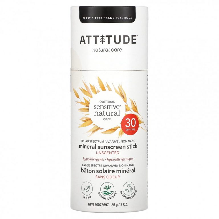 ATTITUDE, Oatmeal Sensitive Natural Care, солнцезащитный стик с минералами, SPF 30, без запаха, 85 г (3 унции)