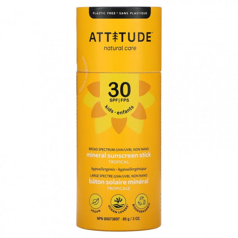 ATTITUDE, Для детей, минеральный солнцезащитный стик, SPF 30, тропический, 85 г (3 унции)