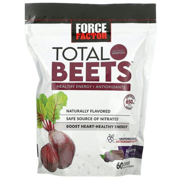 Force Factor, Total Beets, здоровый источник энергии и антиоксидантов, свекла и ягоды асаи, 325 мг, 60 жевательных таблеток