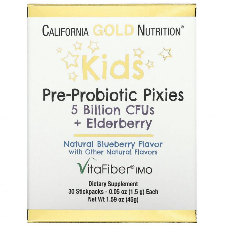 California Gold Nutrition, Pixies, пребиотики и пробиотики для детей, 5 млрд. КОЕ, с добавлением бузины, с натуральным вкусом голубики, 30 пакетиков по 1,5 г (0,05 унции)