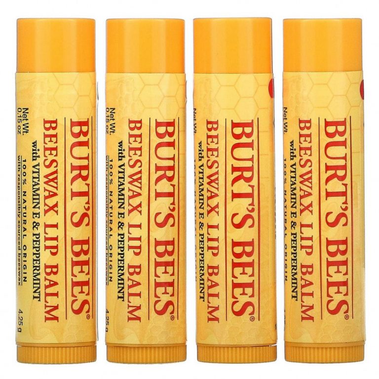 Burt’s Bees, Бальзам для губ с пчелиным воском, с витамином E и перечной мятой, 4 шт. В упаковке, по 4,25 г (0,15 унции)