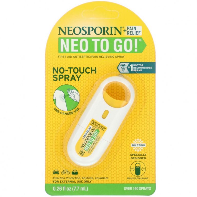 Neosporin, + Обезболивающее средство Neo To Go!, Антисептический обезболивающий спрей для оказания первой помощи, 7,7 мл