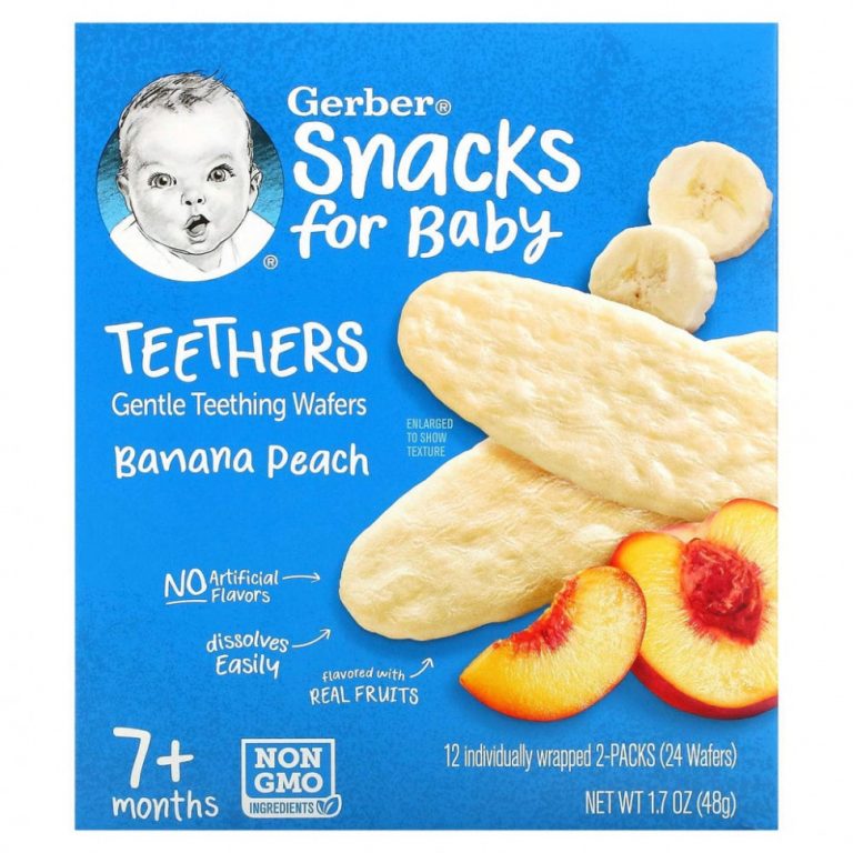 Gerber, прорезыватели, вафли для мягкого прорезывания зубов, для малышей от 7 месяцев, банан и персик, 12 пакетиков по 2 вафли в каждом