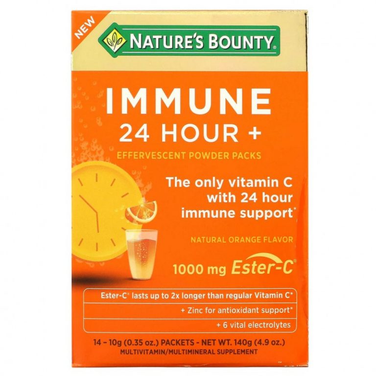 Nature’s Bounty, Immune 24 Hour + шипучий порошок в пакетиках, натуральный апельсин, 14 пакетиков по 10 г (0,35 унции) каждый