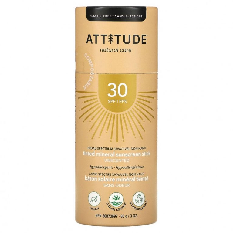 ATTITUDE, Минеральный солнцезащитный стик с тонирующим эффектом, SPF 30, без запаха, 85 г (3 унции)