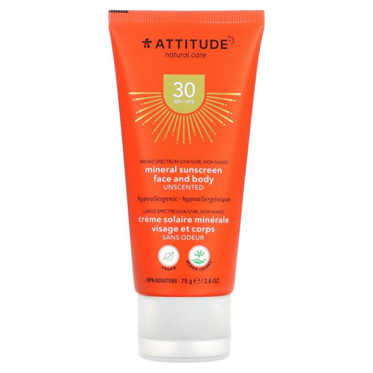 ATTITUDE, Минеральное солнцезащитное средство для лица и тела, SPF 30, без запаха, 75 г (2,6 унции)