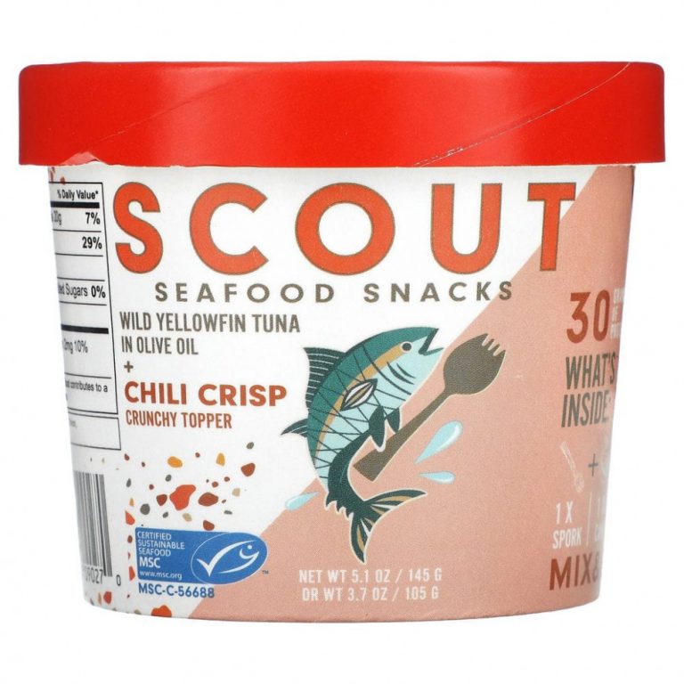 Scout, Seafood Snacks, дикий желтоперый тунец в оливковом масле + хрустящий топпер с чили, 145 г (5,1 унции)