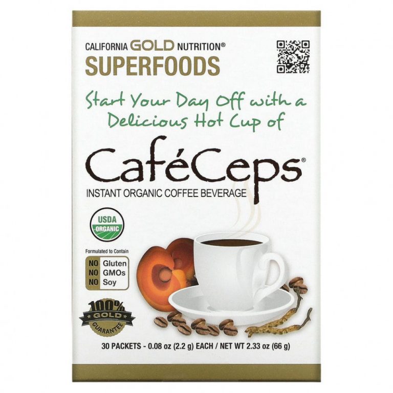 California Gold Nutrition, SUPERFOODS, Caf?Ceps, органический растворимый кофе с кордицепсом и рейши, 30 пакетиков по 2,2 г (0,08 унции)