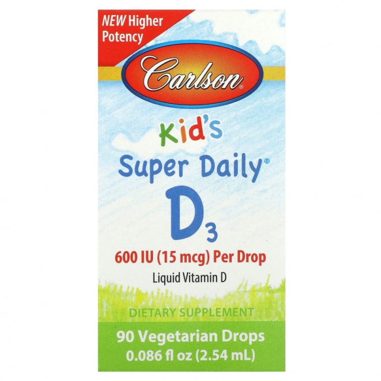 Carlson, Kid’s Super Daily D3, 15 мкг (600 МЕ), 90 вегетарианских капель, 2,54 мл (0,086 жидк. Унции)