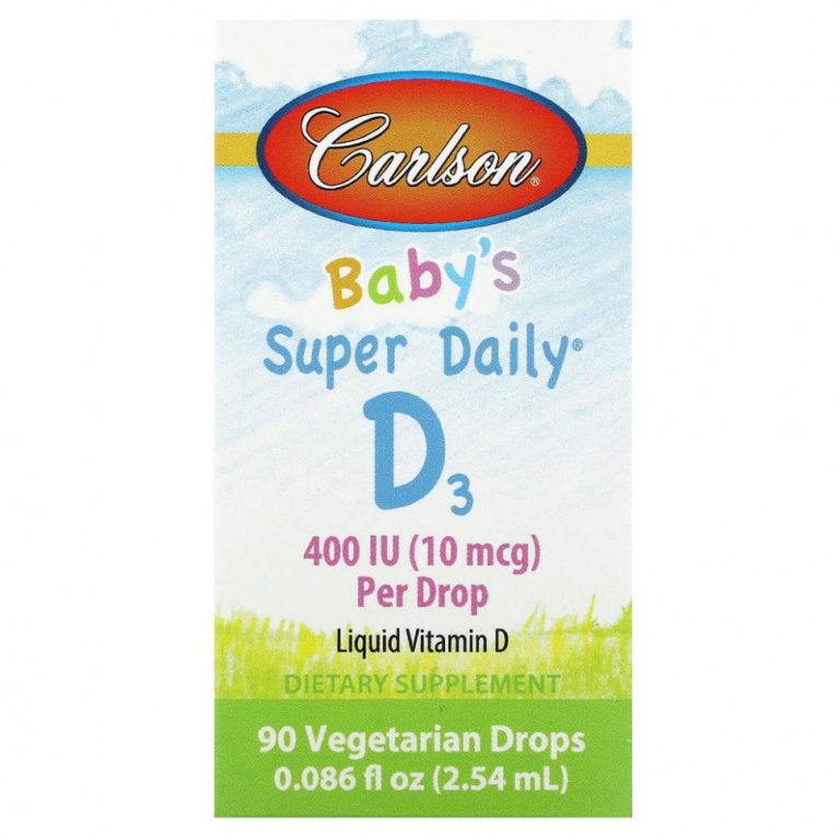 Carlson, Baby’s Super Daily D3, 10 мкг (400 МЕ), 90 вегетарианских капель, 2,54 мл (0,086 жидк. Унции)