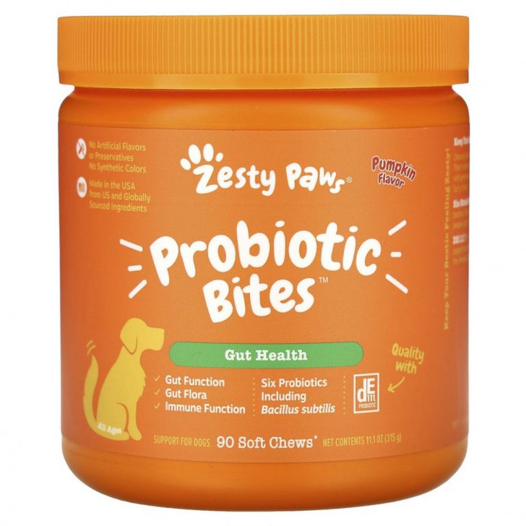 Zesty Paws, Probiotic Bites, добавка для собак с пробиотиками, для пищеварения, для любого возраста, со вкусом тыквы, 90 мягких жевательных таблеток