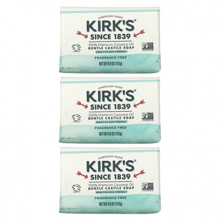 Kirk’s, Gentle Castile Soap Bar, Fragrance Free, 3 Bars, 4.0 oz (113 g) Each