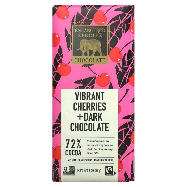 Endangered Species Chocolate, Яркая вишня + темный шоколад, 72% какао, 3 унции (85 г)