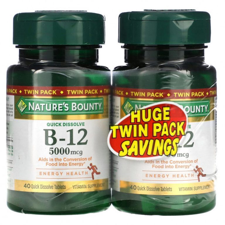 Nature’s Bounty, Витамин B12, Twin Pack, натуральный вишневый вкус, 5000 мкг, 40 быстрорастворимых таблеток