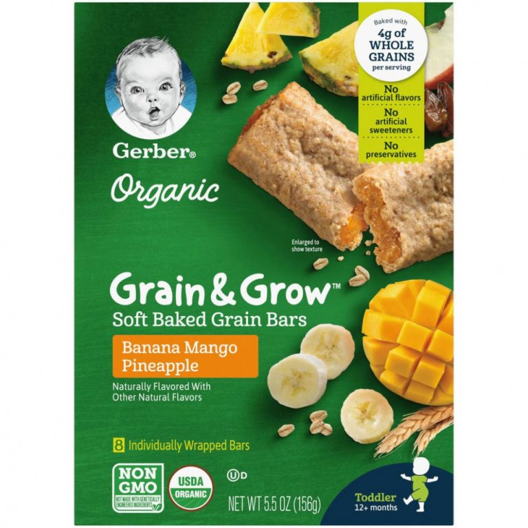 Gerber, Organic, Grain & Grow, мягкие запеченные зерновые батончики, от 12 месяцев, со вкусом банана, манго и ананаса, 8 батончиков по 19 г