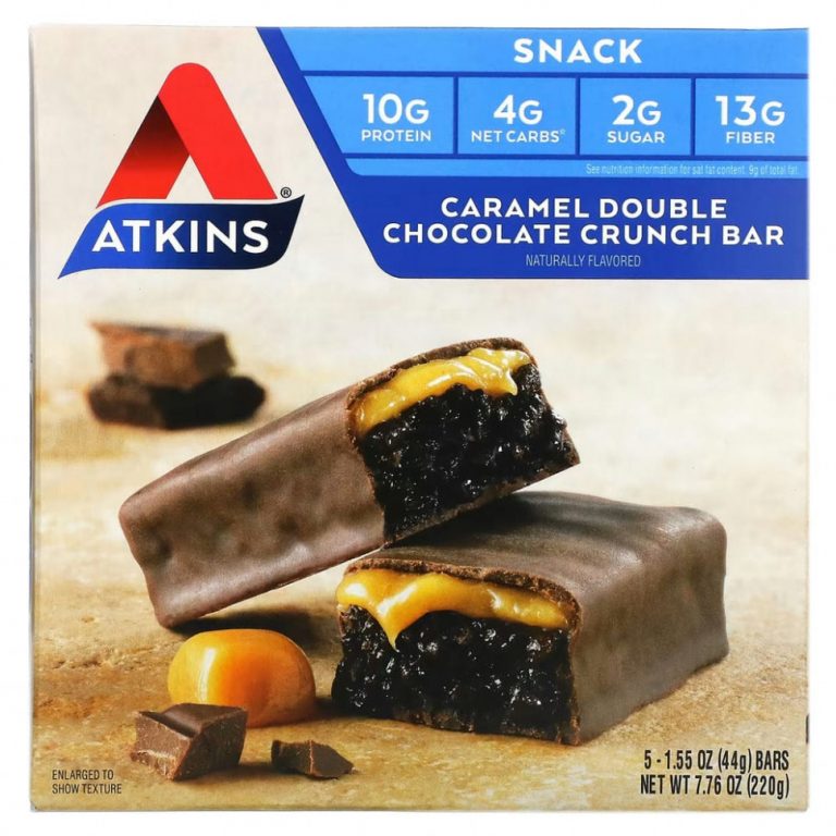 Atkins, Snack, хрустящий батончик для перекуса, карамель и двойной шоколад, 5 штук по 44 г (1,55 унции)