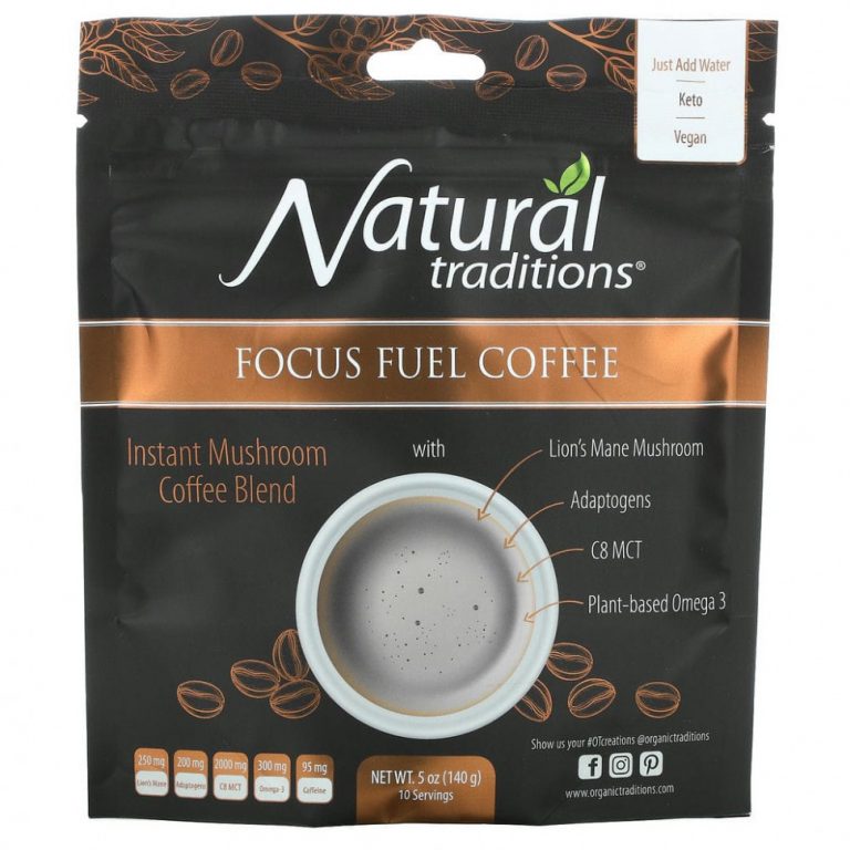 Organic Traditions, Focus Fuel Coffee, растворимый кофе с грибами, 140 г (5 унций)