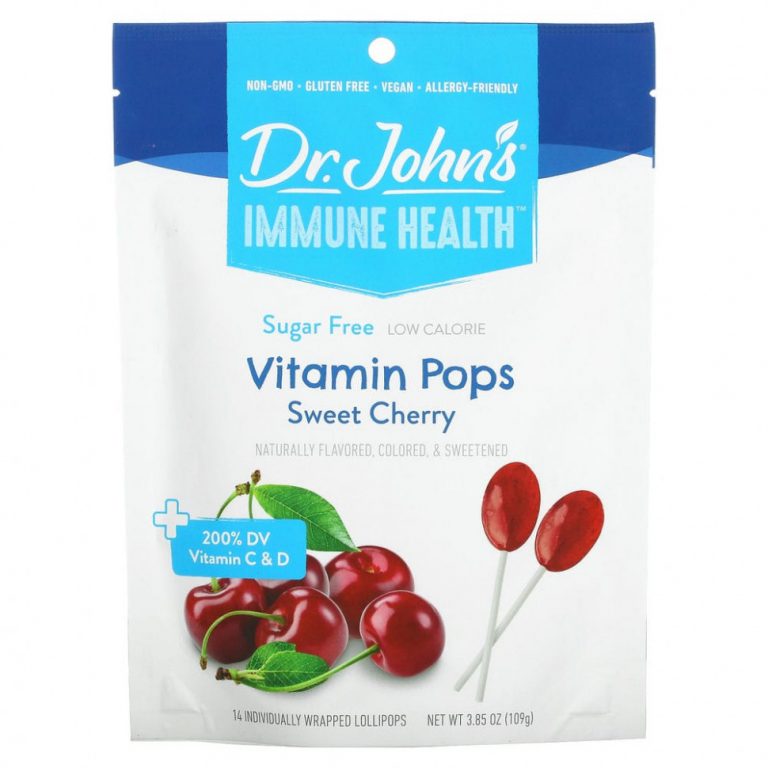 Dr. John’s Healthy Sweets, Immune Health, леденцы со вкусом леденцов, + 200% суточной нормы витаминов C и D, черешня, без сахара, 14 леденцов на палочке в индивидуальной упаковке, 109 г (3,85 унции)