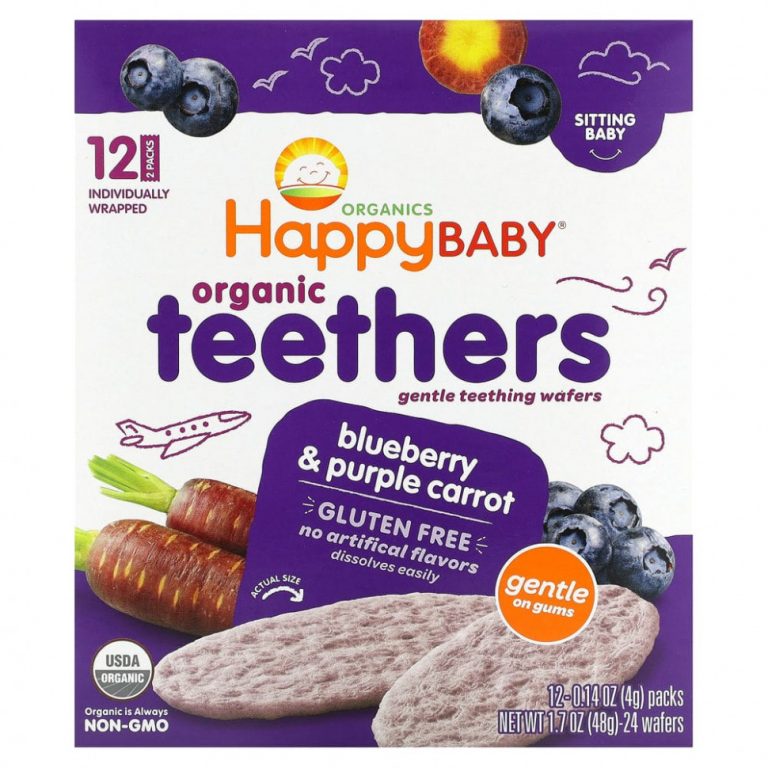 Happy Family Organics, Organic Teethers, вафли для мягкого прорезывания зубов у сидящих малышей, голубика и фиолетовая морковь, 12 пакетиков по 4 г (0,14 унции)