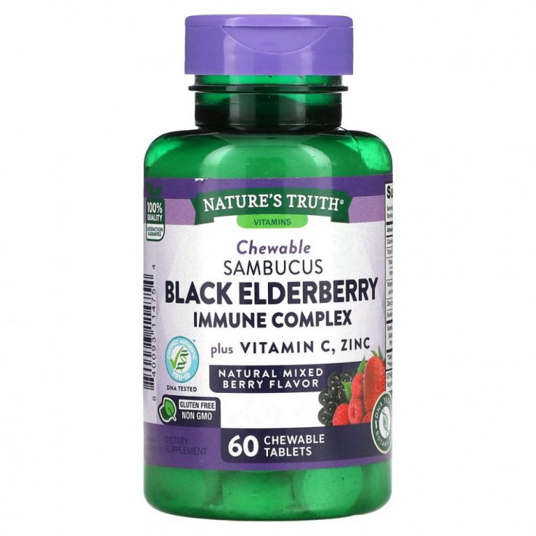 Nature’s Truth, Иммунный комплекс Sambucus Black Elderberry, плюс витамин C и цинк, натуральная смесь ягод, 60 жевательных таблеток