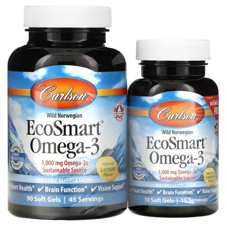 Carlson Labs, EcoSmart Omega-3, натуральный ароматизатор «Лимон», 1000 мг, 90 + 30 желатиновых капсул