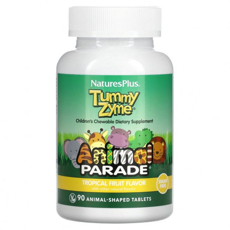 NaturesPlus, Source of Life, Animal Parade, Tummy Zyme с активными ферментами, цельными продуктами и пробиотиками, натуральный вкус тропических фруктов, 90 таблеток в форме животных