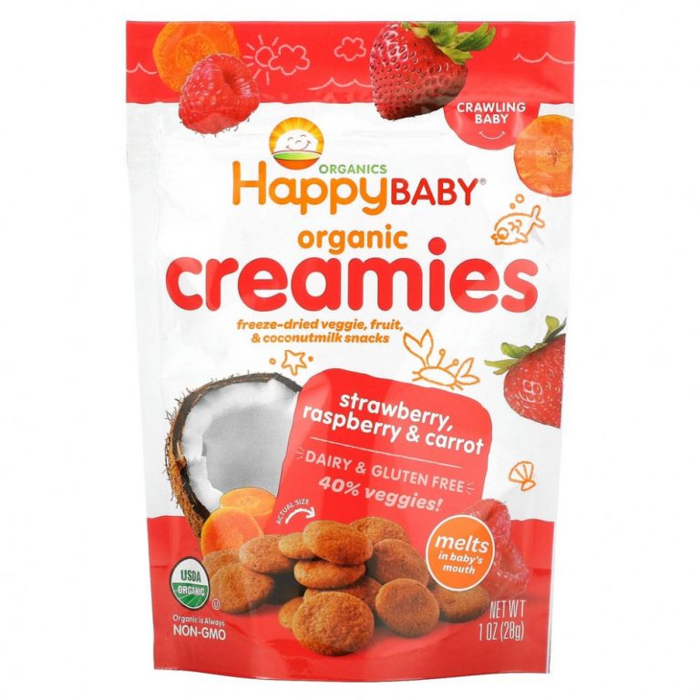 Happy Family Organics, Organic Creamies, снеки из сублимированных овощей, фруктов и кокосового молока, клубника, малина и морковь, 28 г (1 унция)