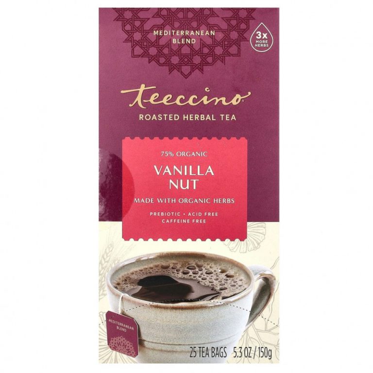 Teeccino, обжаренный травяной чай, ванильно-ореховый вкус, без кофеина, 25 чайных пакетиков, 150 г (5,3 унции)