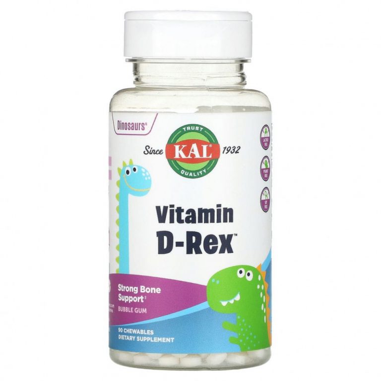 KAL, Dinosaurs, Vitamin D-Rex, витамин D3, со вкусом жевательной резинки, 90 жевательных таблеток