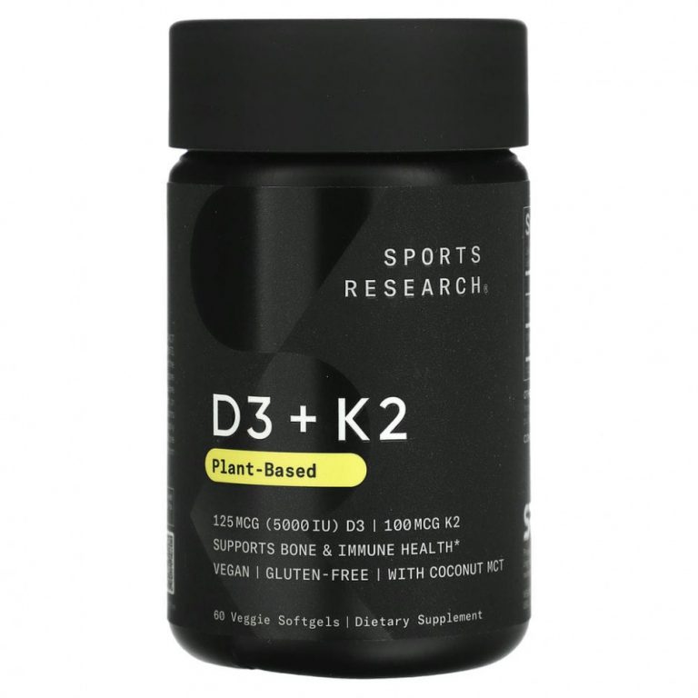 Sports Research, витамины D3+K2, на растительной основе, 60 растительных капсул