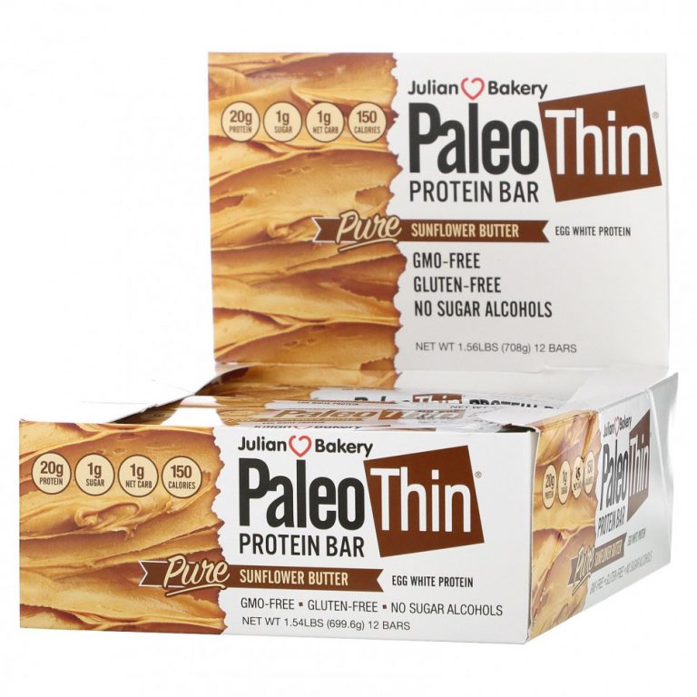 Julian Bakery, Paleo Thin Protein Bar, чистое подсолнечное масло, 12 батончиков, 59 г (2,08 унции)