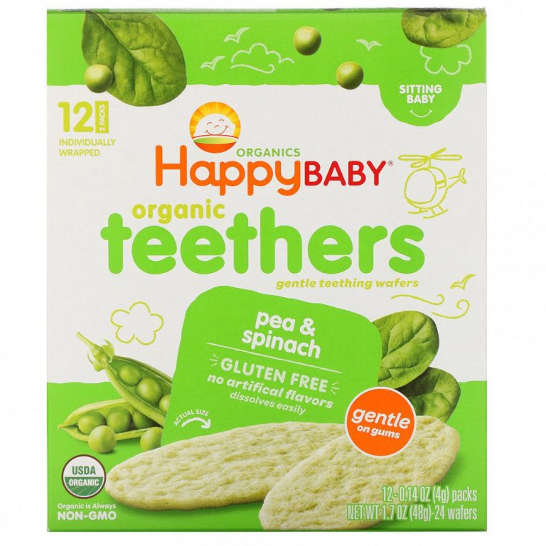 Happy Family Organics, Organic Teethers, вафли для мягкого прорезывания зубов у сидящих малышей, горох и шпинат, 12 пакетиков по 4 г (0,14 унции)