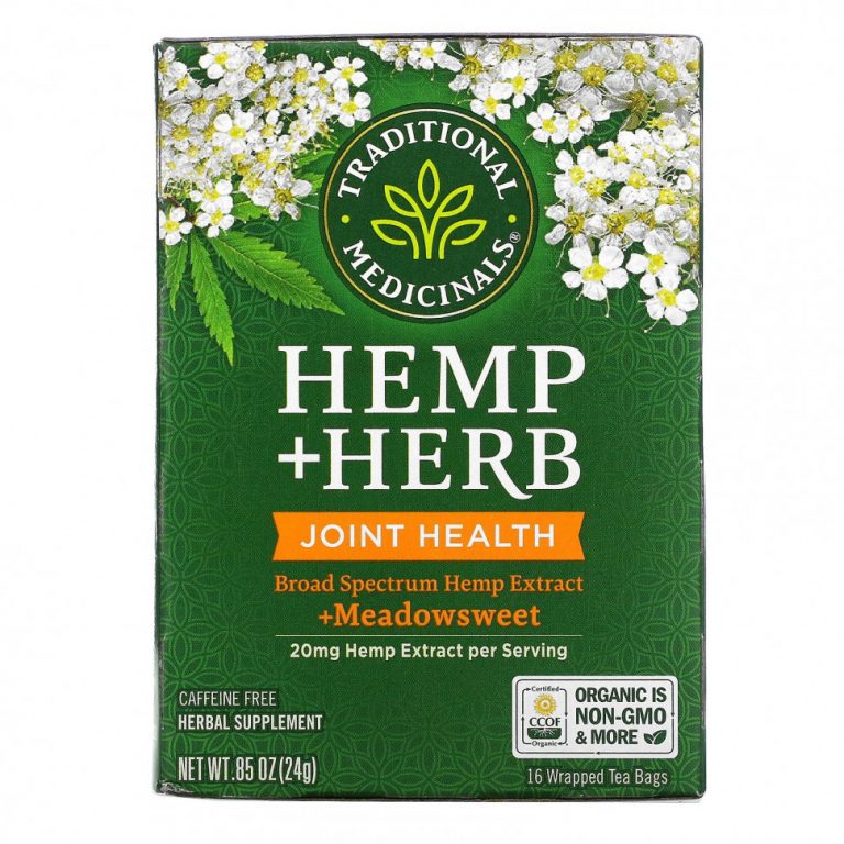 Traditional Medicinals, Hemp+ Herb, Joint Health, + Meadowsweet, 20 mg , 16 Wrapped Tea Bags, .85 oz (24 g)