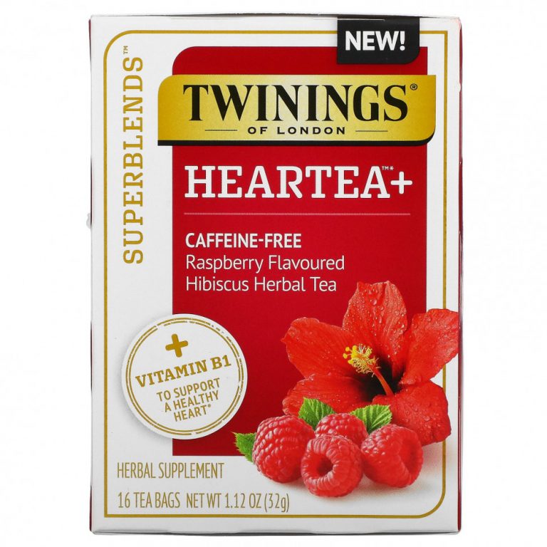 Twinings, Superblends, Heartea с витамином B1, малина, травяной чай из гибискуса, без кофеина, 16 чайных пакетиков, 32 г (1,12 унции)