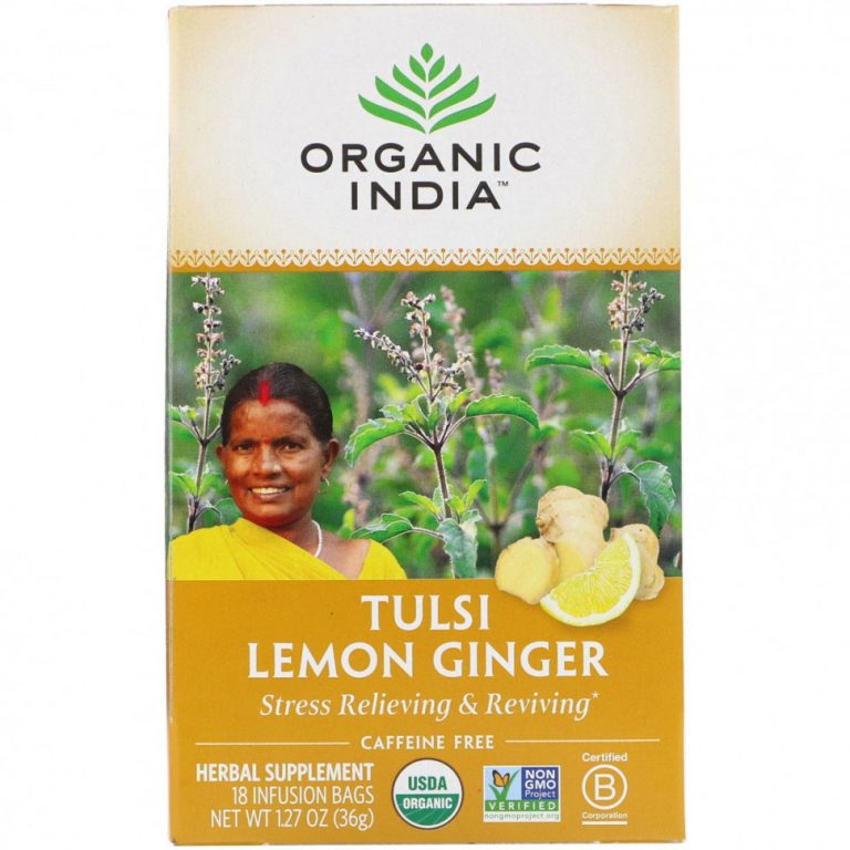 Organic India, чай с тулси, лимоном и имбирем, без кофеина, 18 пакетиков, 36 г (1,27 унции)