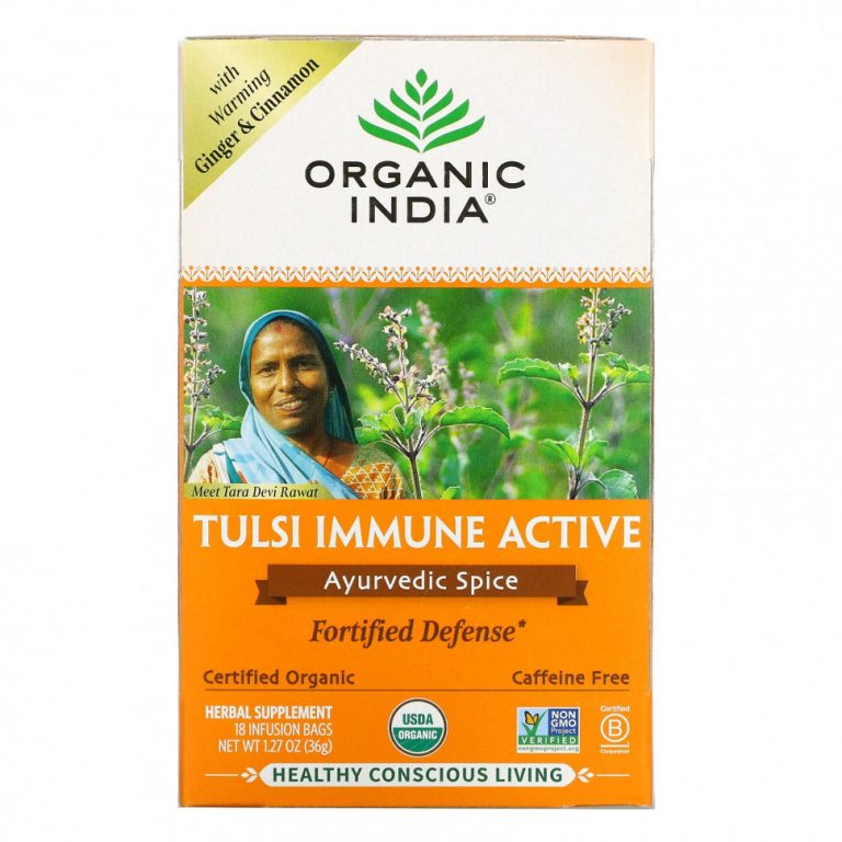 Organic India, Tulsi Immune Active, аюрведические специи, без кофеина, 18 пакетиков для настаивания, 36 г (1,27 унции)