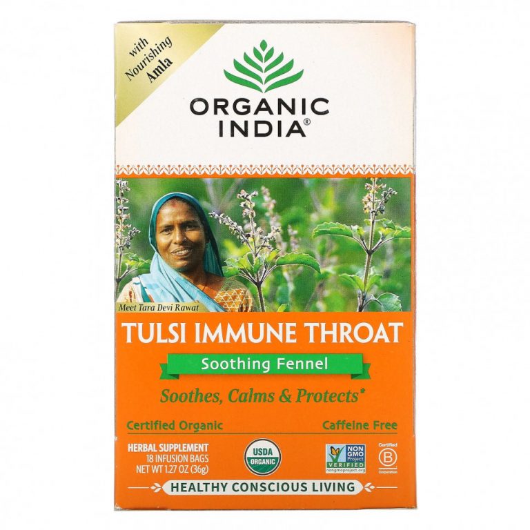 Organic India, Tulsi Immune Throat, успокаивающий фенхель, без кофеина, 18 пакетиков для настоя, 36 г (1,27 унции)