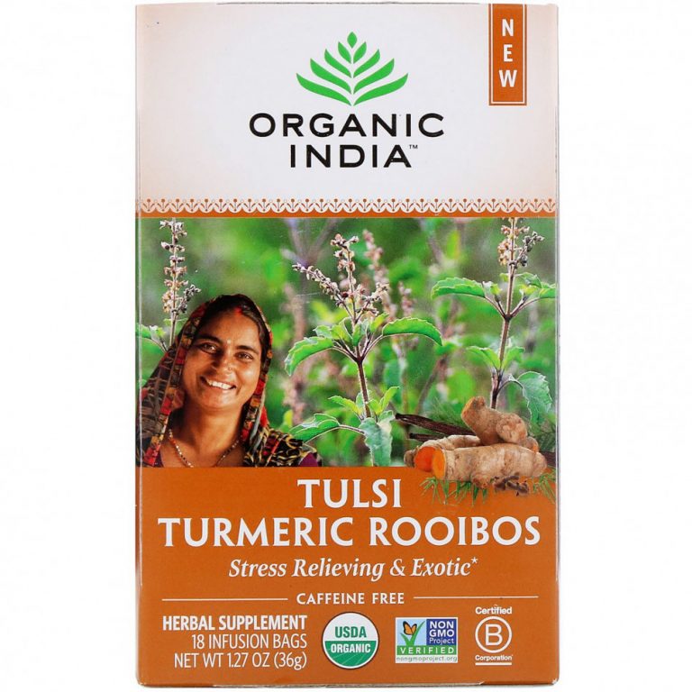 Organic India, Tulsi Tea, ройбуш с куркумой, без кофеина, 18 пакетиков для заваривания, 36 г (1,27 унции)