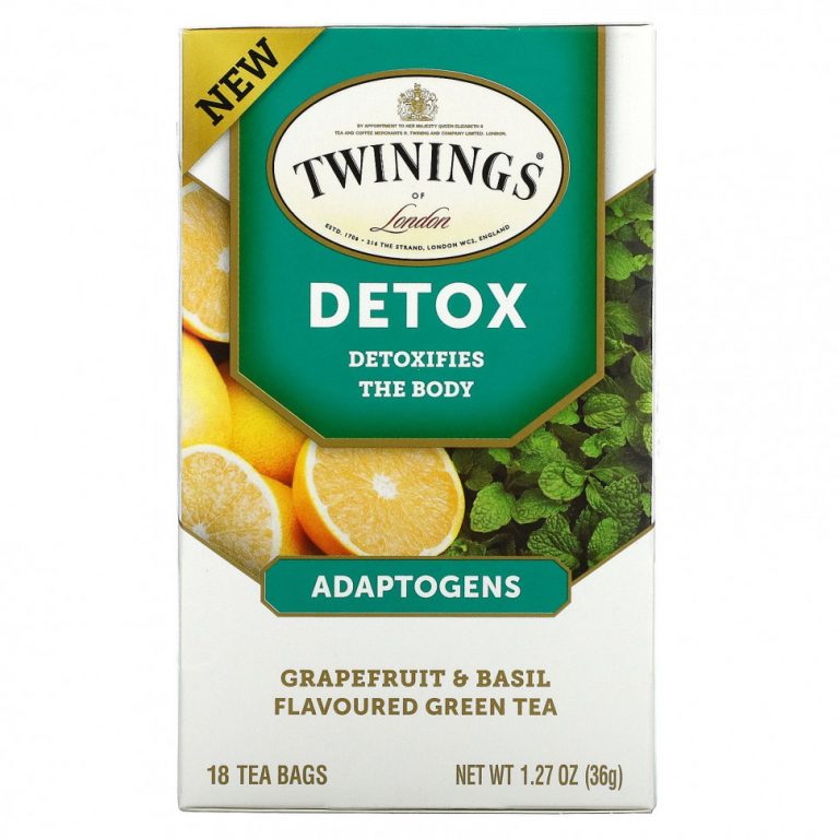 Twinings, Detox, адаптогены, зеленый чай со вкусом грейпфрута и базилика, 18 чайных пакетиков, 36 г (1,27 унции)