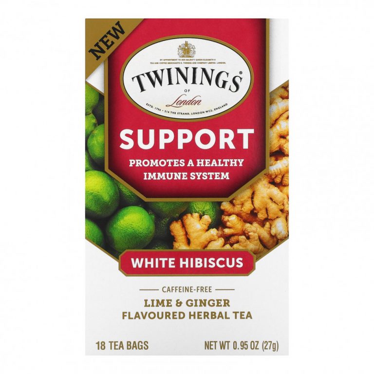 Twinings, Support, травяной чай из белого гибискуса, лайм и имбирь, без кофеина, 18 чайных пакетиков, 27 г (0,95 унции)