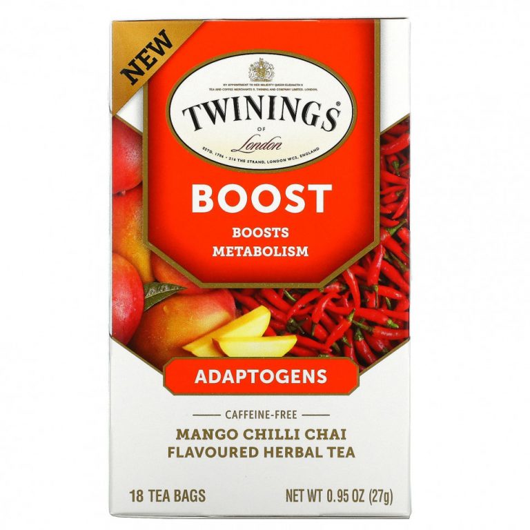 Twinings, Boost, адаптогены, травяной чай со вкусом манго и чили, без кофеина, 18 чайных пакетиков, 27 г (0,95 унции)