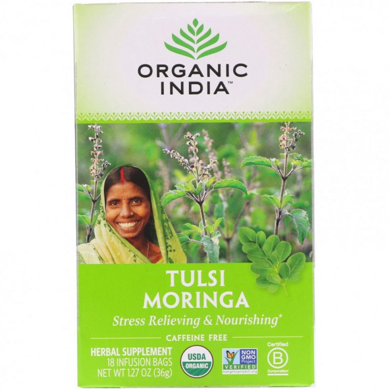 Organic India, Tulsi Tea, Moringa, без кофеина, 18 пакетиков для настоя, 1,27 унции (36 г)