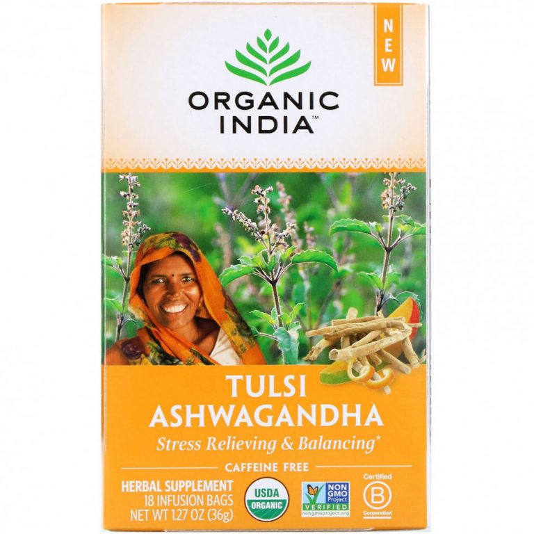 Organic India, Tulsi Tea, Ашваганда, без кофеина, 18 пакетиков для настоя, 1,27 унции (36 г)